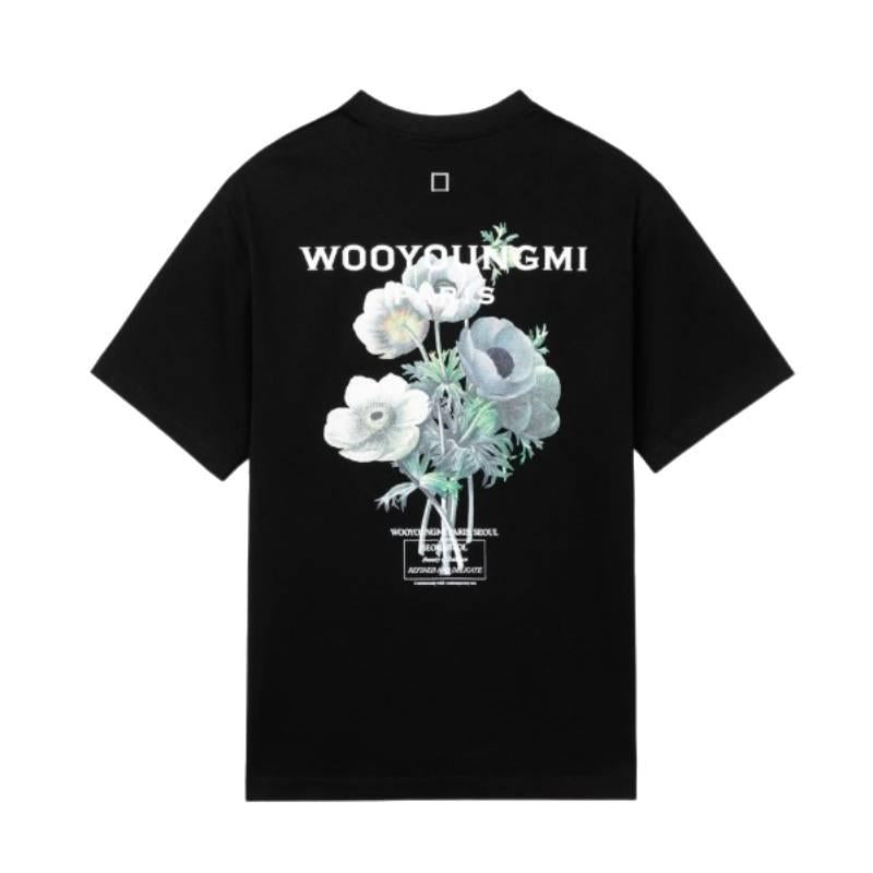 WOOYOUNGMI Black Flower Back Logo Short Sleeve T-Shirt