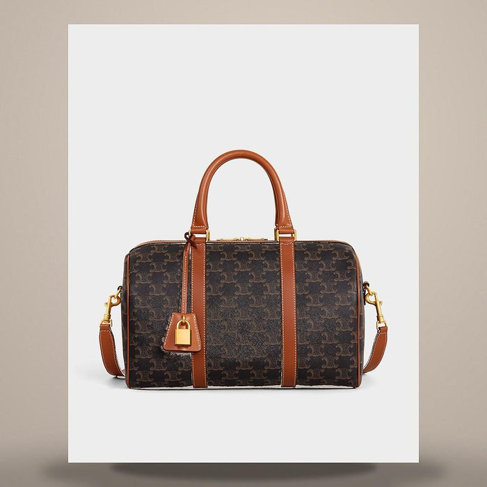 CELINE Large Boston Triomphe Canvas Calfskin Tote Bag Tan