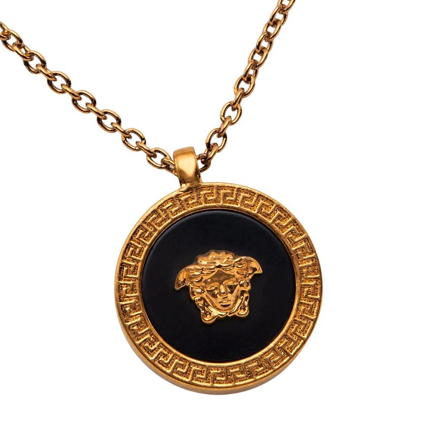 Versace Black Enamel Medusa Gold-Tone Pendant Necklace