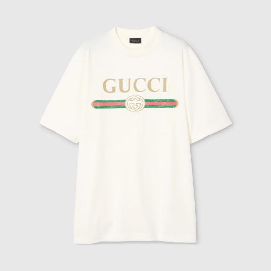 GUCCI Logo Print Cotton Jersey Silk T-Shirt White