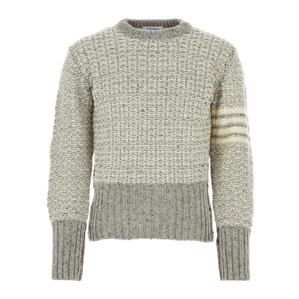 THOM BROWNE Tweed 4-Bar Mohair Crewneck Knit Sweater Gray