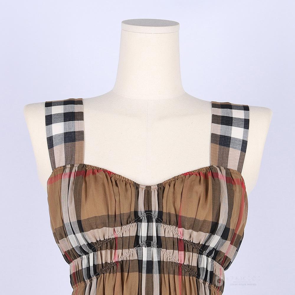 BURBERRY Dalia House Check Ruched Sleeveless Midi Dress Brown