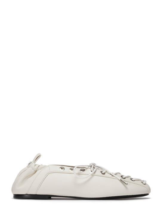 GANNI Eyelet Lace-Up Ballerina Flats Shoes Egret Ivory Leather S2962135