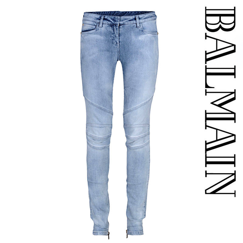 Balmain Women's Blue Wash Biker Denim Jeans 5645 C3011