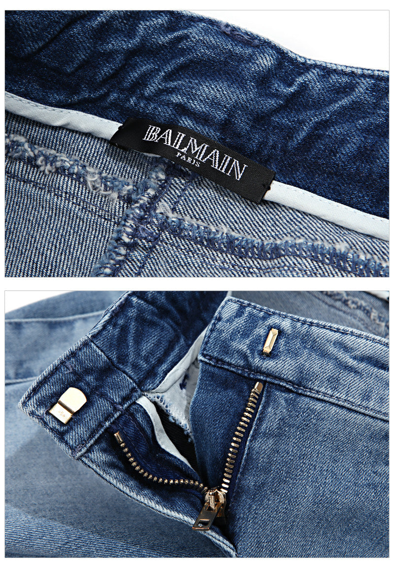 Balmain Women's Blue Wash Biker Denim Jeans 5645 C3011