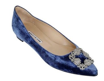 Manolo Blahnik Hangisi Swarovski Velvet Flat Shoes 10mm Heel