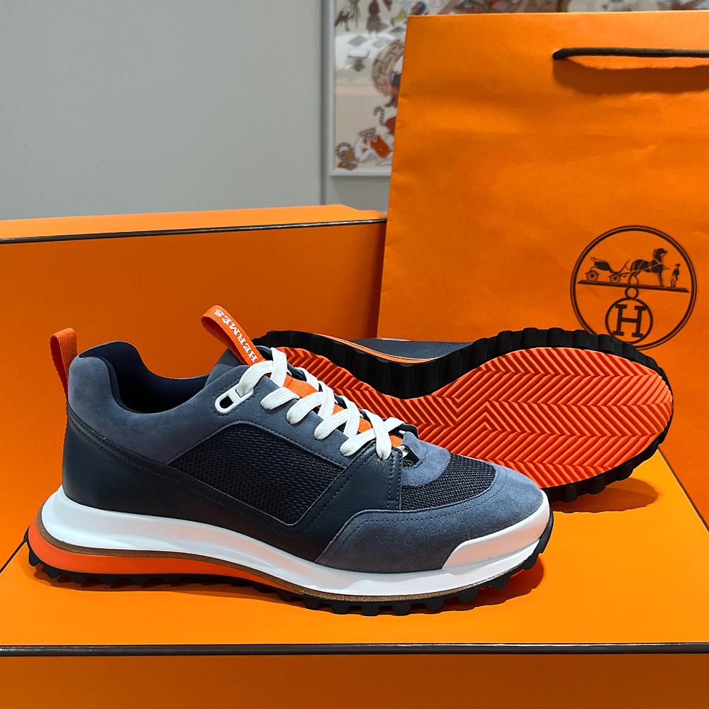 HERMES Men’s Leader Sneakers Epsom Calf Goatskin Suede Gray Blue