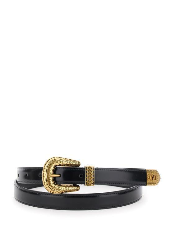 VALENTINO V Logo Signature Brushed Calfskin Belt Black
