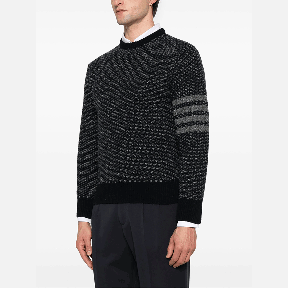 THOM BROWNE Mohair Tweed Crewneck Knit Sweater Men Navy