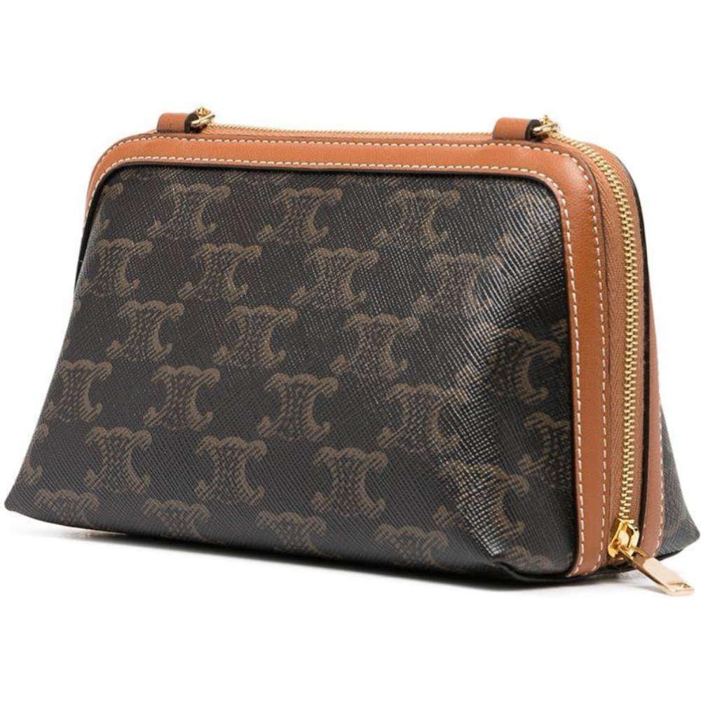 CELINE Triomphe Logo Canvas Lambskin Chain Clutch Bag Navy