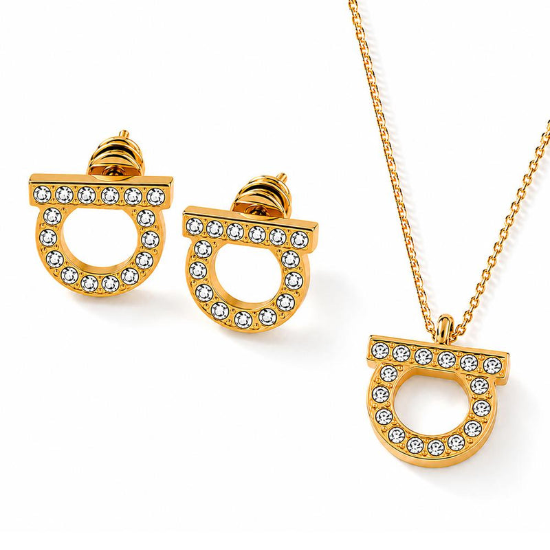 Ferragamo Gancini Crystal Earrings Necklace Set Gold Jewelry 76 0123 76 0131