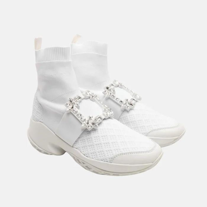 Roger Vivier Crystal Strass Viv Run Sock Sneakers White