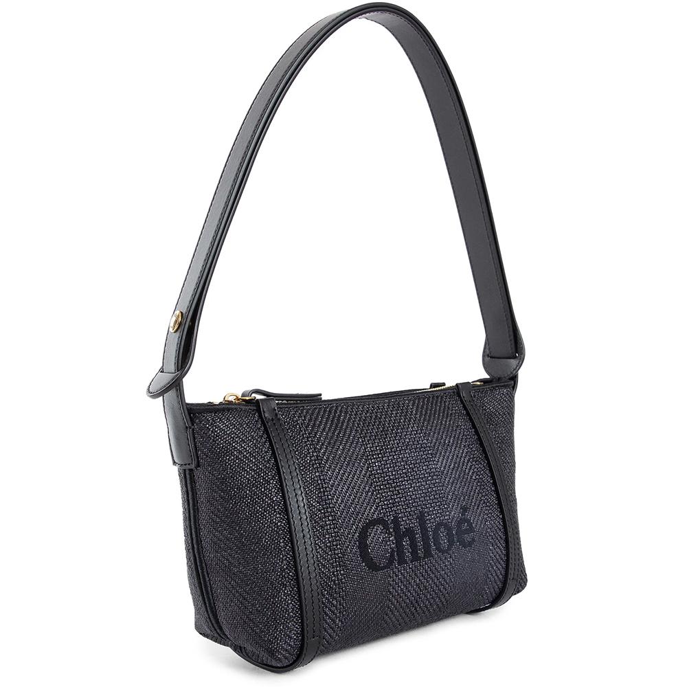 Chloe Carry Logo Raffia Shoulder Bag Black CH25UP566P38 001