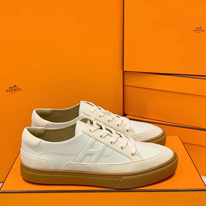 HERMES Canvas Calfskin H Logo Deep Sneakers White Beige