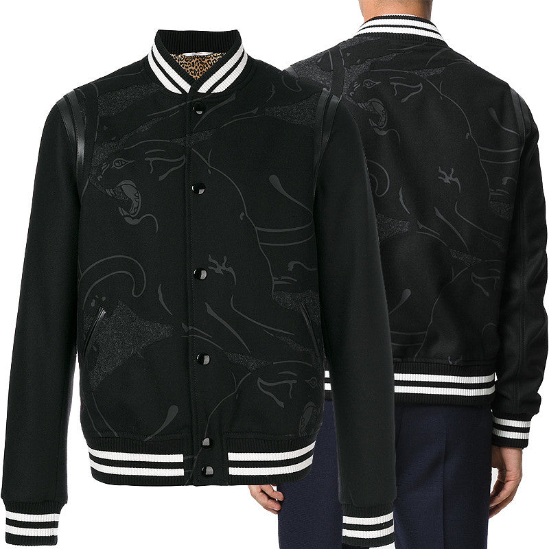 VALENTINO Men's Leopard Print Leather Wool Bomber Jacket NV3CI0344 EG G93