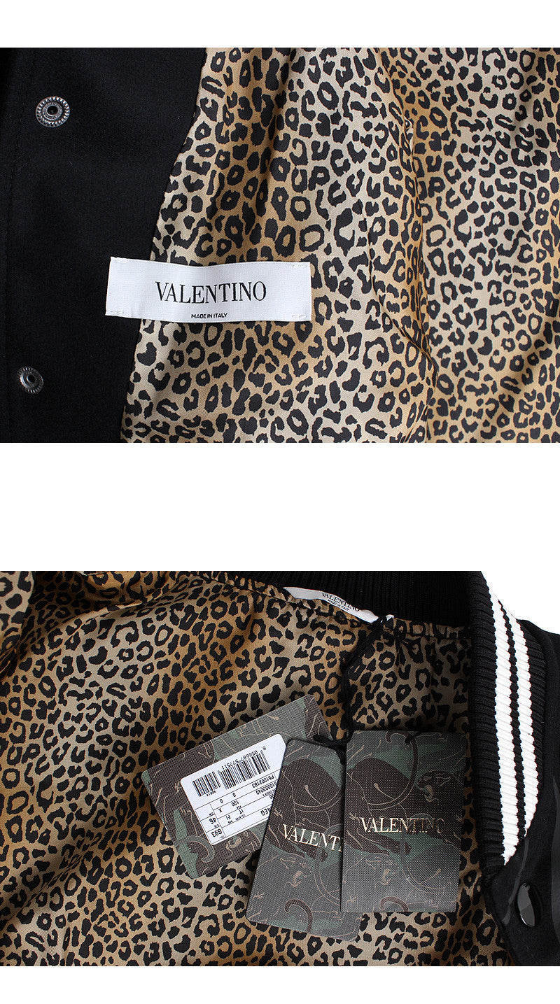 VALENTINO Men's Leopard Print Leather Wool Bomber Jacket NV3CI0344 EG G93