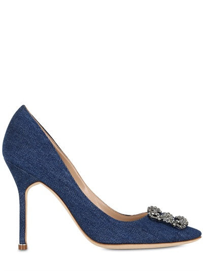 Manolo Blahnik Hangisi Swarovski Denim Pumps 105mm Heel