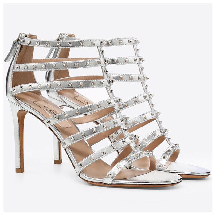 VALENTINO Metallic Silver Studded Sandals