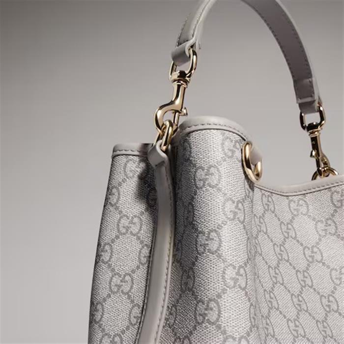 GUCCI GG Emblem Small Bucket Bag Crossbody Gray Leather
