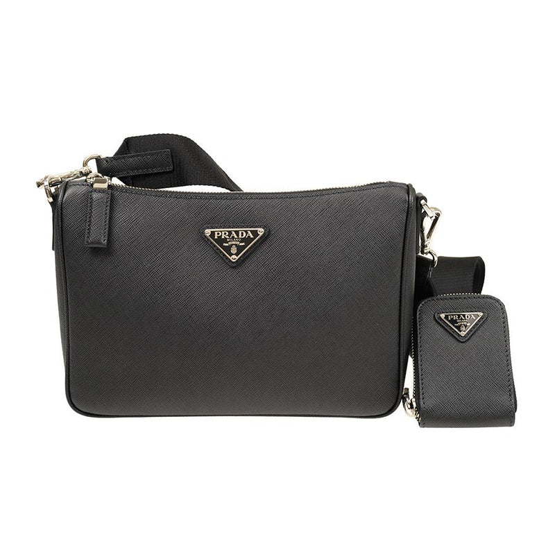 PRADA Saffiano Leather Triangle Logo Shoulder Bag Black Crossbody