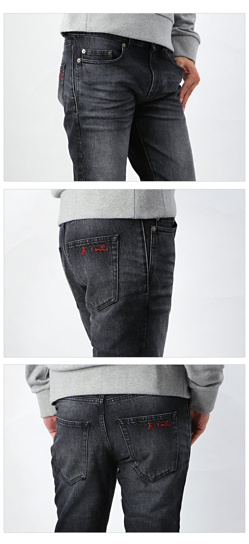 Saint Laurent Men's Black Wash Red Embroidered Denim Jeans 484610 1407