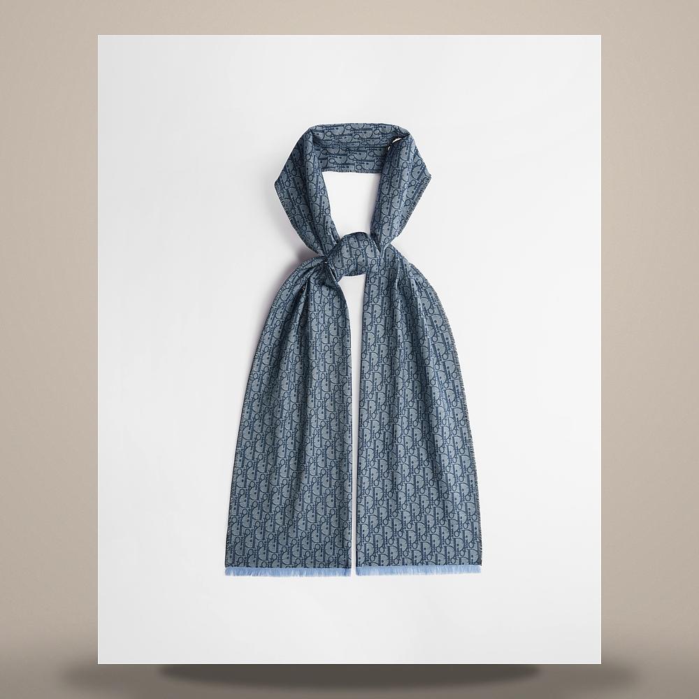 DIOR Blue Oblique Scarf Cotton Wool Silk 68E0002A3013 C885