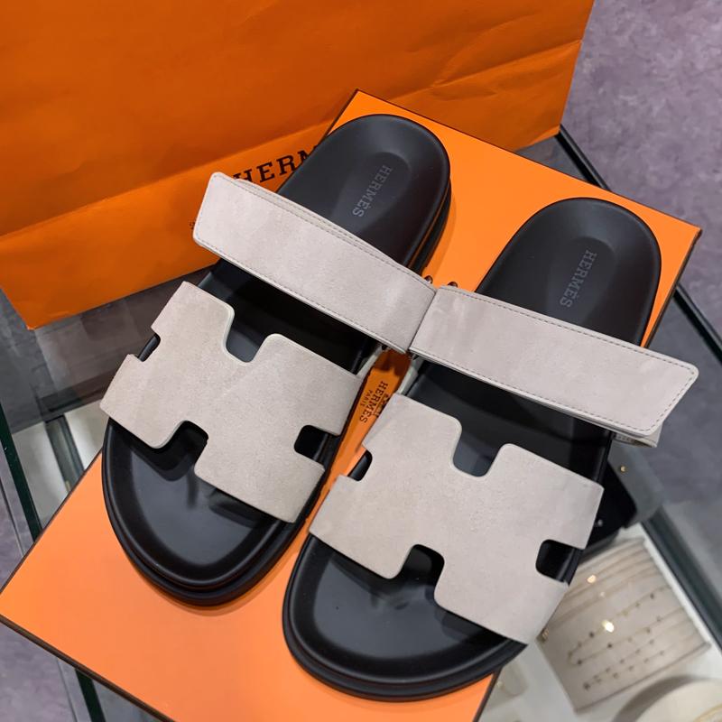 HERMES Men’s Chypre Suede Sandals Gray