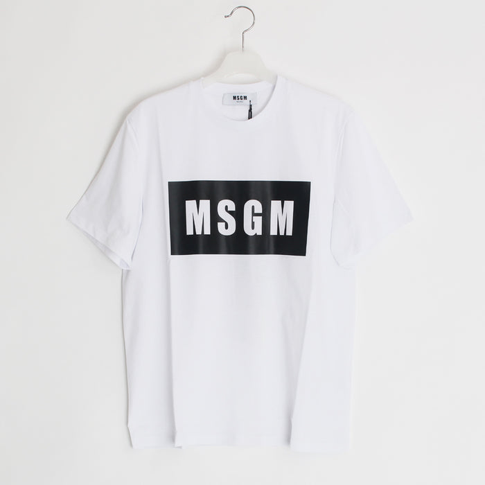 MSGM Men's White Square Logo Print T-Shirt 2640 MM67 01