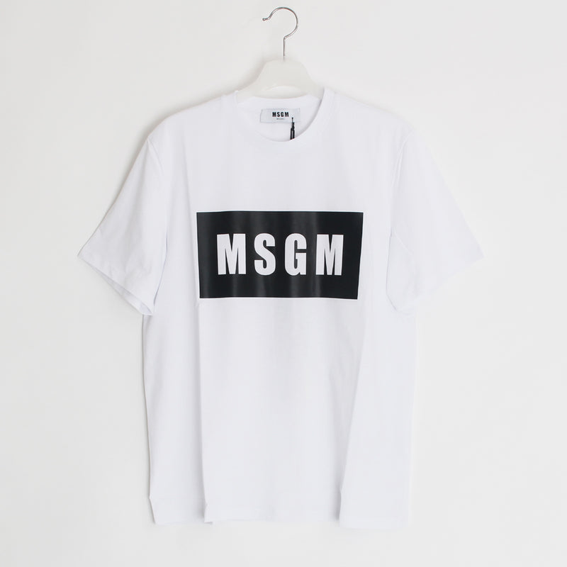 MSGM Men's White Square Logo Print T-Shirt 2640 MM67 01