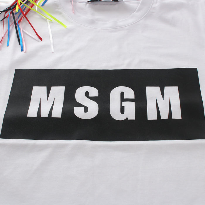 MSGM Men's White Square Logo Print T-Shirt 2640 MM67 01
