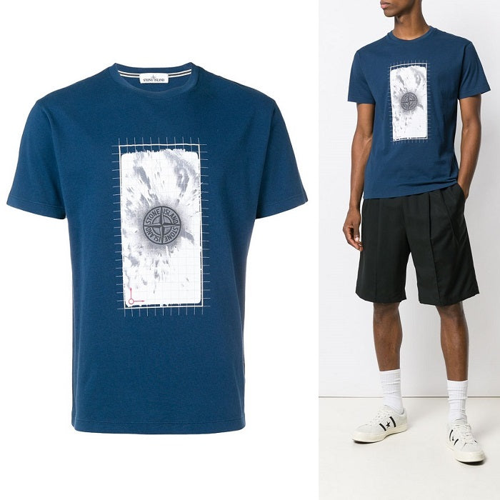 STONE ISLAND Grid Logo Cotton T-Shirt Navy Men’s