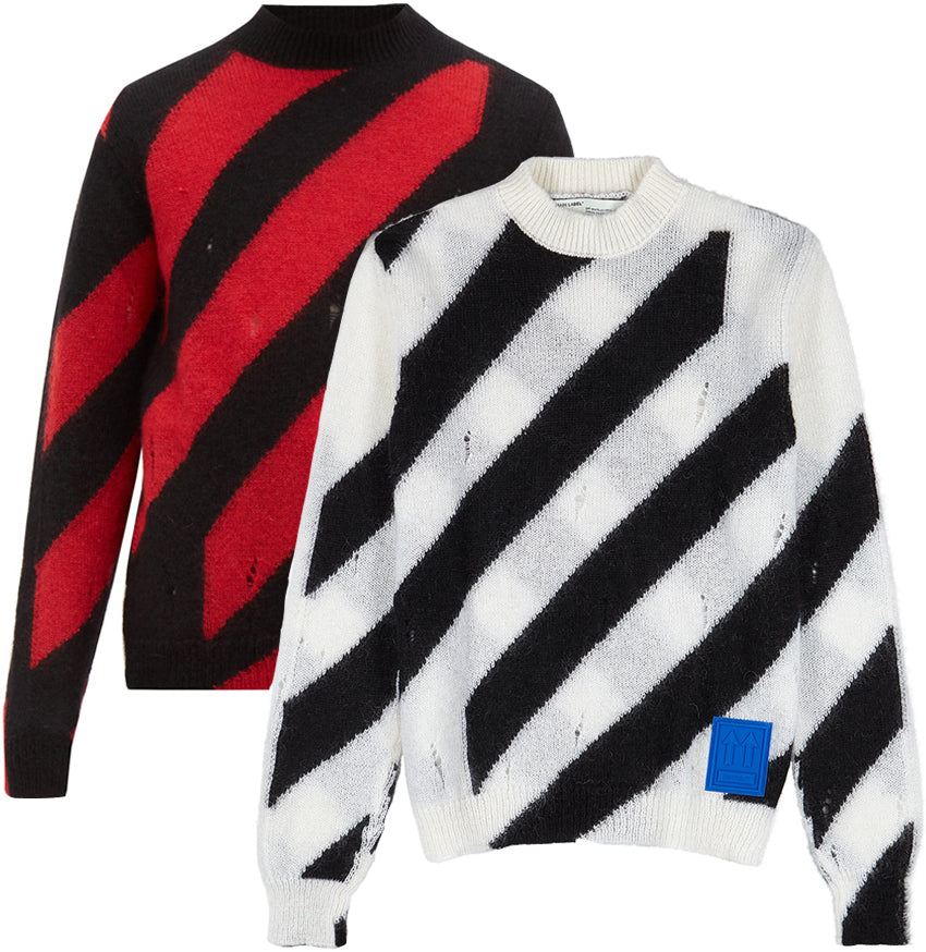 OFF WHITE Diag Mohair Crewneck Sweater White Red Men's OMHE028E19B02002
