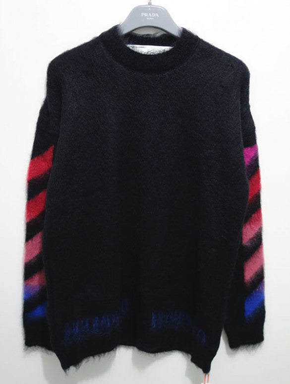 OFF WHITE Brushed Mohair Diagonal Stripe Multicolor Crewneck Sweater