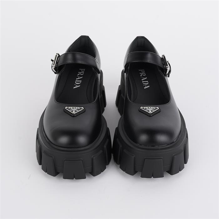 PRADA Brushed Leather Monolith Mary Jane Loafers Black