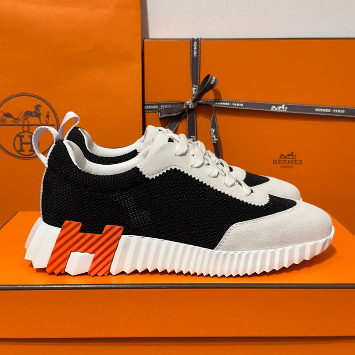 HERMES Bouncing Sneakers Goatskin White Black Women Low-Top