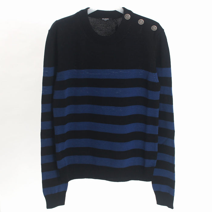 Balmain Black Blue Striped Crewneck Knit Sweater for Men