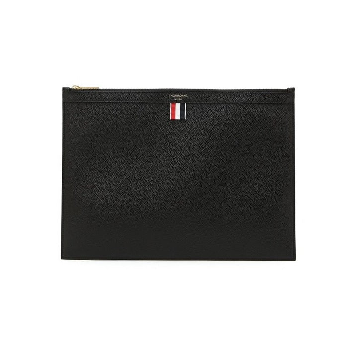 THOM BROWNE Pebble Leather Tricolor Stripe Clutch Bag Black
