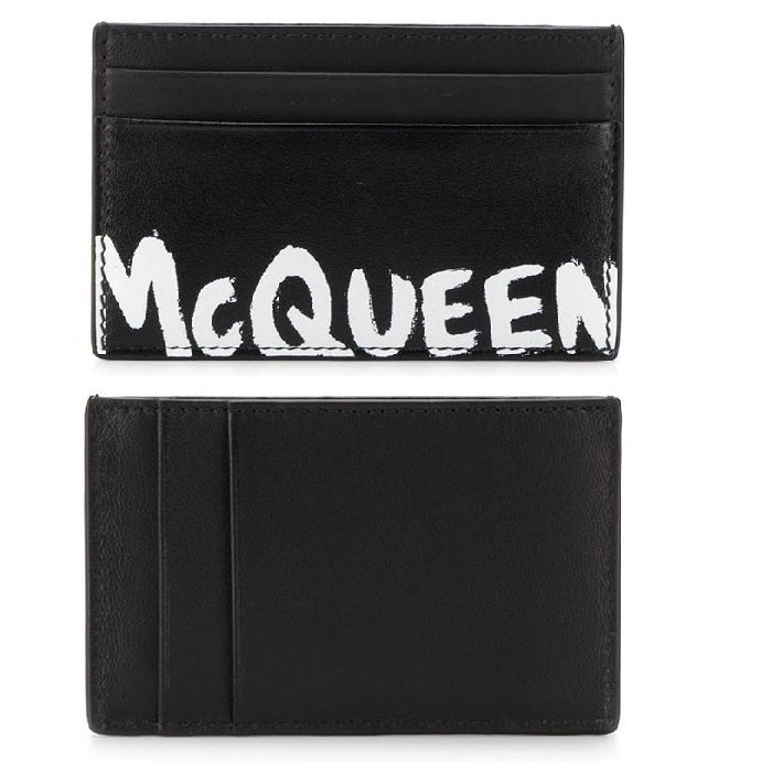 Alexander Mcqueen Logo Graffiti Leather Card Holder Wallet Black