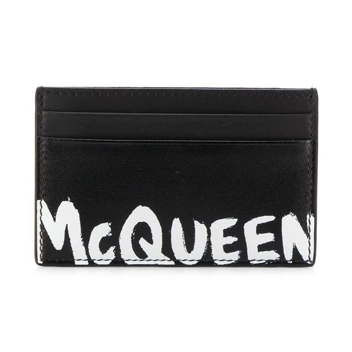Alexander Mcqueen Logo Graffiti Leather Card Holder Wallet Black
