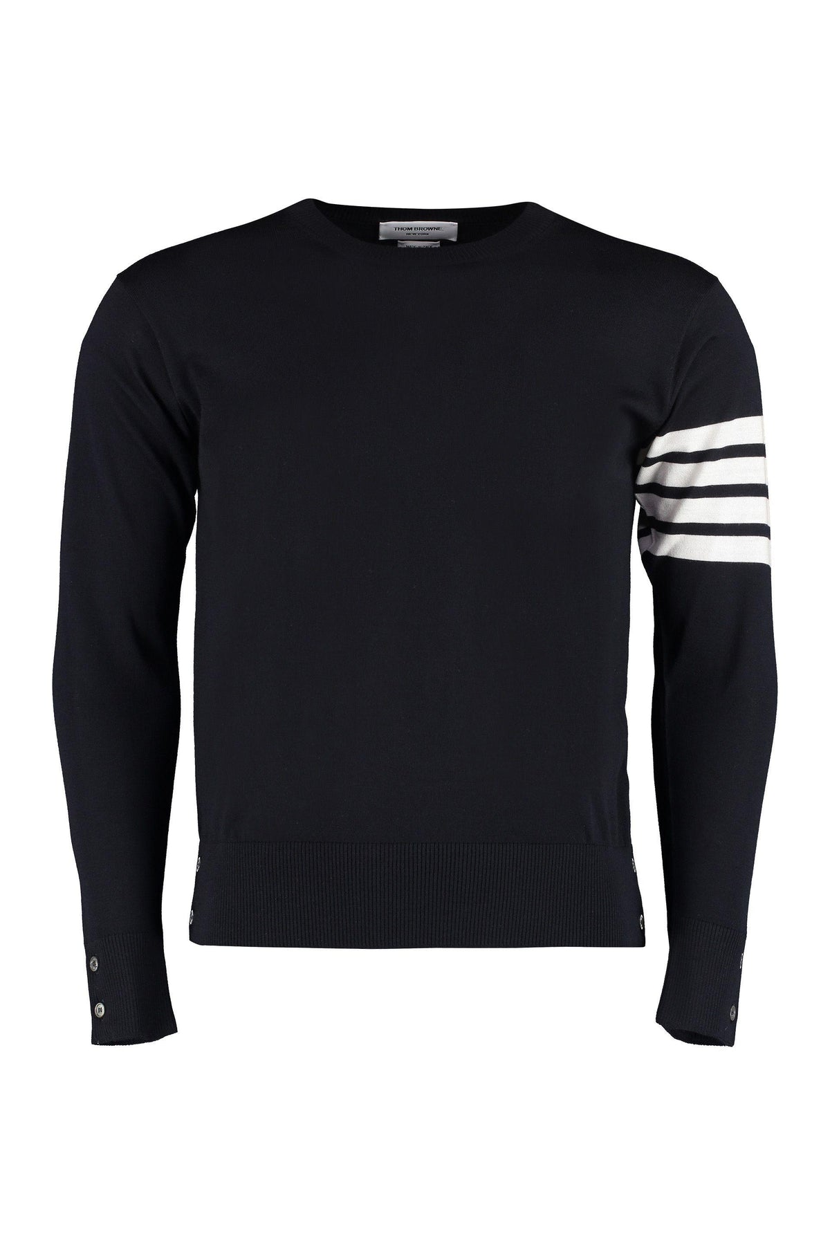 THOM BROWNE Navy Wool Round Neck Knit Sweater