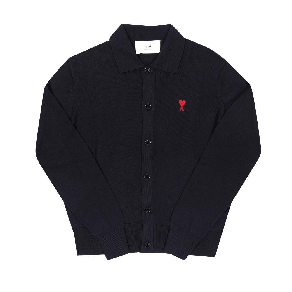 AMI Small Heart Logo Polo Knit Cardigan for Men Navy