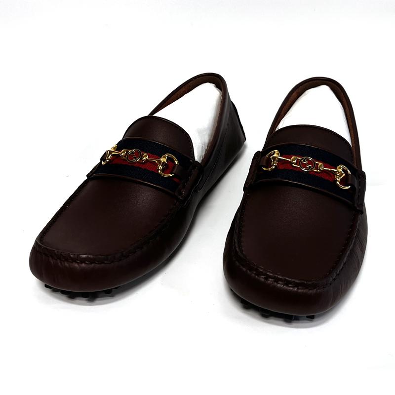 GUCCI Web Driving Loafers Dark Brown Leather Unisex 624698 1XH10