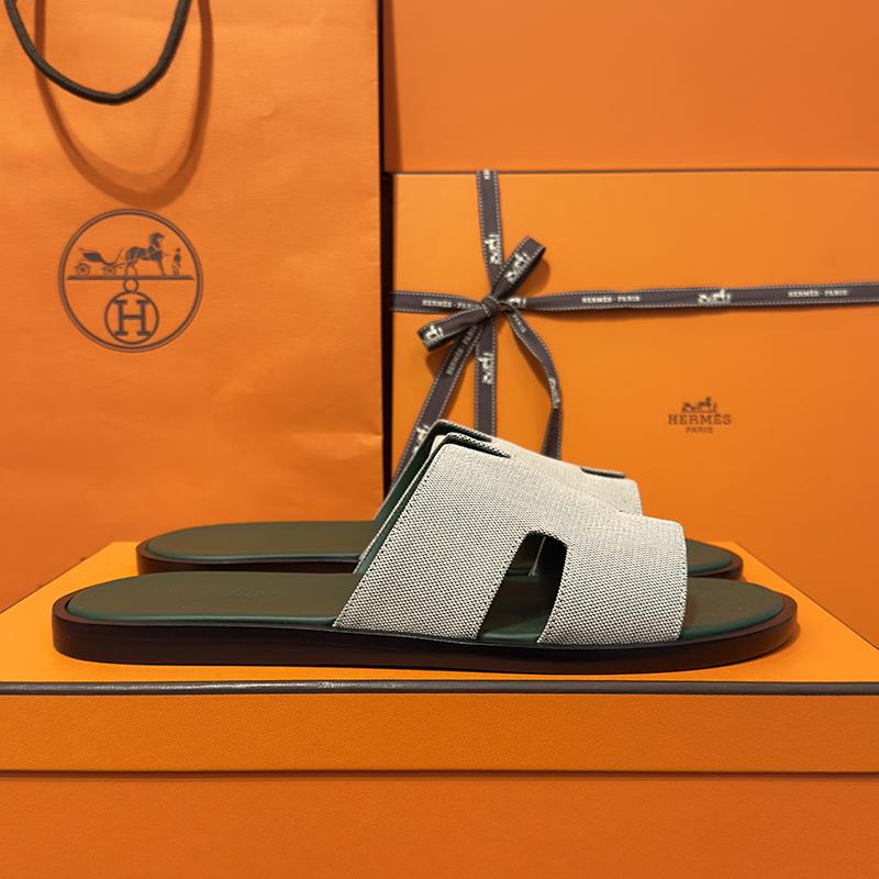 HERMES Izmir Calfskin Fabric Two-Tone Green Sandals for Men