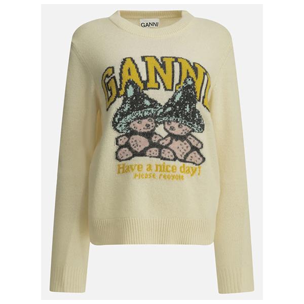 GANNI Teddy Mushroom Graphic Wool Crewneck Sweater