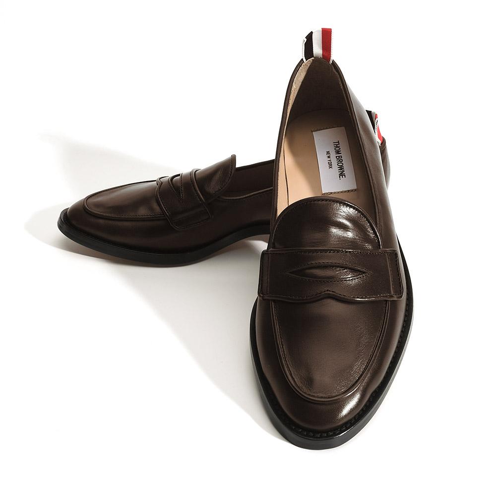 THOM BROWNE Brown Vitello Calf Leather Varsity Penny Loafers