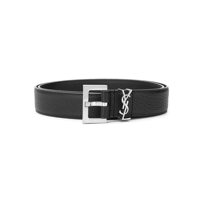 Saint Laurent Silver-Tone Logo Grain Leather Belt Black