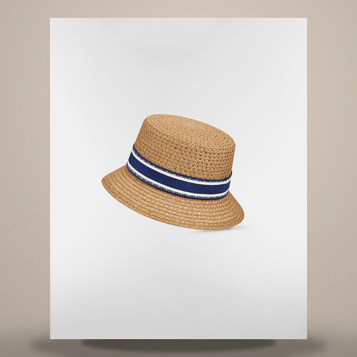 DIOR Navy Blue Straw Narrow Brim Bucket Hat with Ecru Embroidered Band