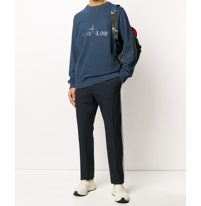 STONE ISLAND Double Front Embroidered Logo Crewneck Sweatshirt Navy 64760 V0128
