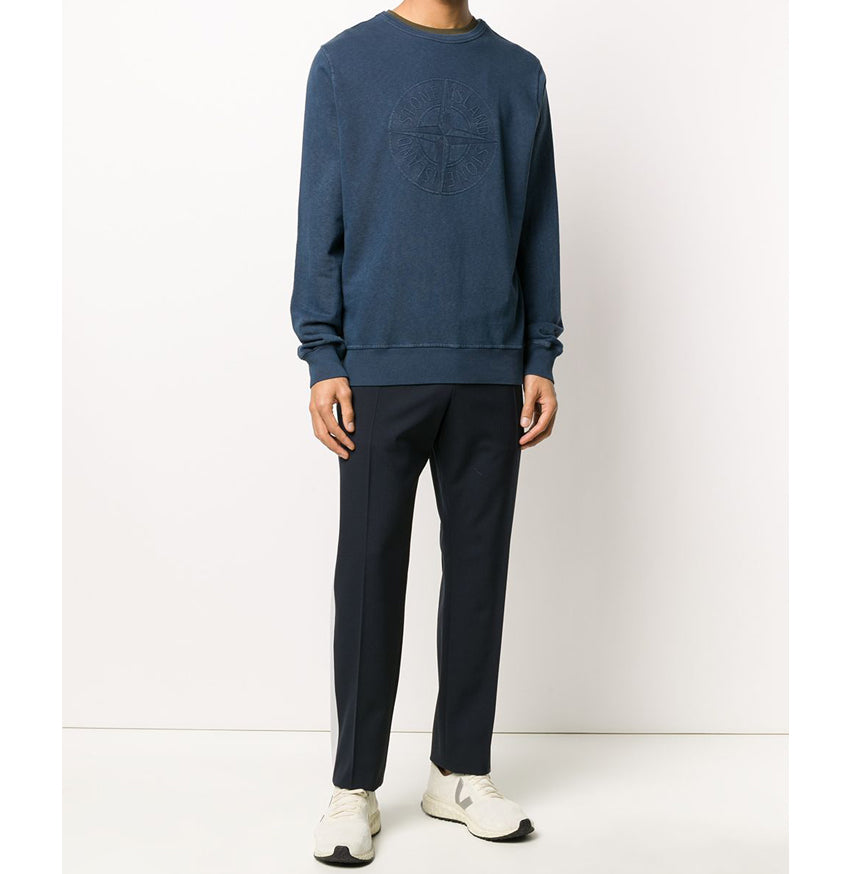 STONE ISLAND Double Front Embroidered Logo Crewneck Sweatshirt Navy 64760 V0128