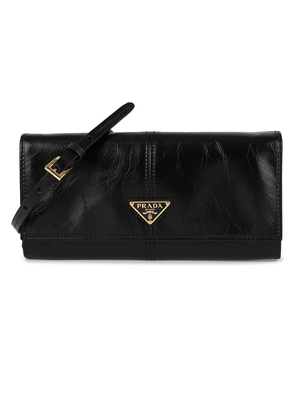 PRADA Leather Wallet with Shoulder Strap Bifold Women’s Black 1MT036 2CYR F0002